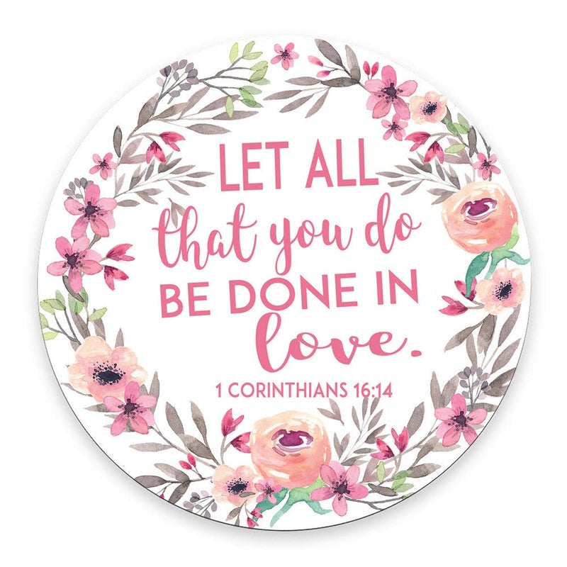 SSOIU Round Gaming Mouse Pad Custom, Vintage Watercolor Floral Wreath Christian Bible Verses Scripture Corinthians - Let All That You do be Done in Love - Image 1